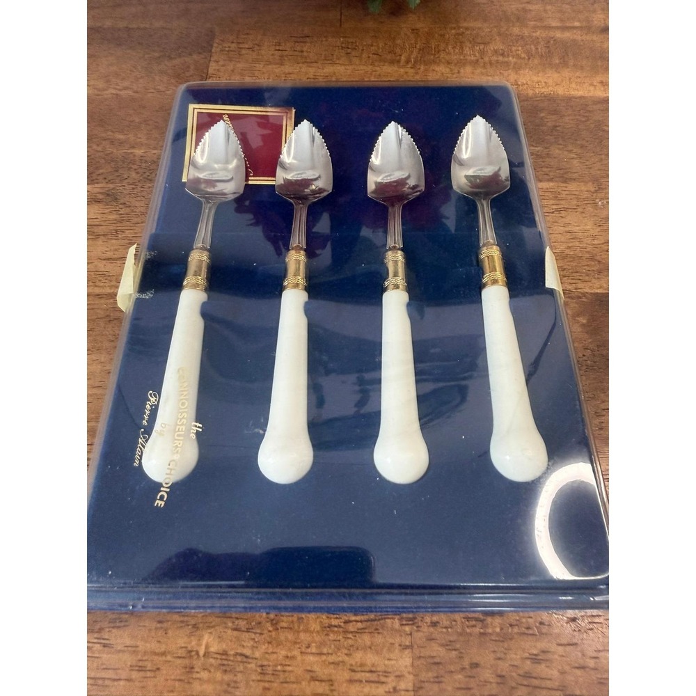 Vintage Pierre Alain Stainless Grapefruit Spoons Set 4 White‎ Gold Boxed